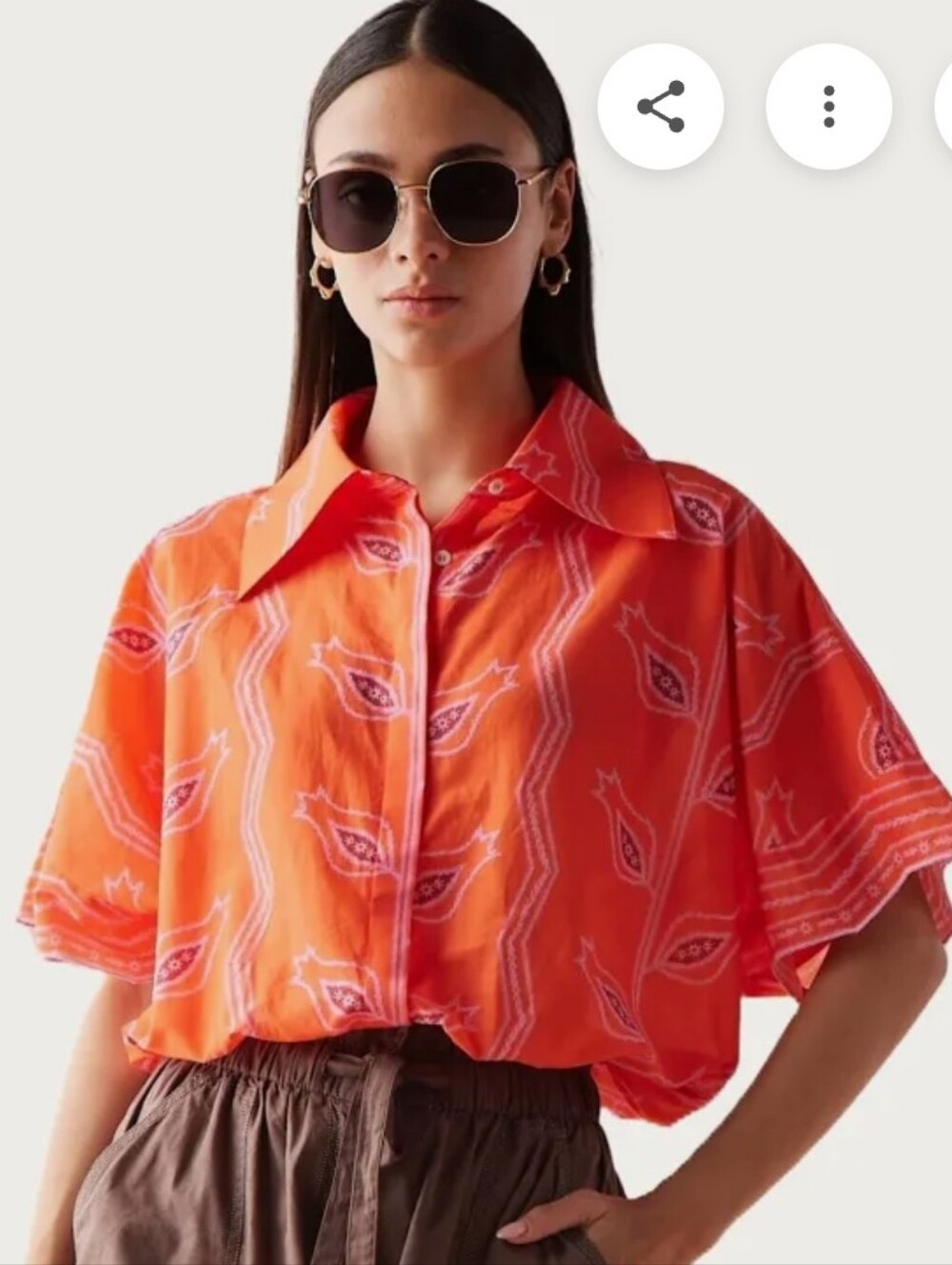 Omika Tola Button Front Short Sleeve Blouse Orange Pattern Size Medium